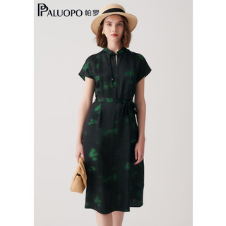 帕罗（PALUOPO）夏季新品桑蚕丝连衣裙重磅真丝蝴蝶短袖挂饰印染旗袍优雅中长裙 黑绿色 XL(170/92A)