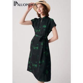 帕罗（PALUOPO）夏季新品桑蚕丝连衣裙重磅真丝蝴蝶短袖挂饰印染旗袍优雅中长裙 黑绿色 XL(170/92A)