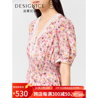 迪赛尼斯（DESIGNICE）商场同款碎花裙2023夏季新款法式蕾丝短袖真丝连衣裙女 花色 S
