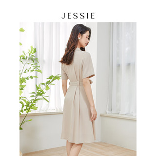 JESSIE气质西装领系带收腰短袖连衣裙女23春夏新款 杏色 S