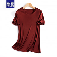 罗蒙（ROMON）日本三Ling醋酸短袖女款纯色凉感丝滑抗皱短袖圆领短袖T恤上衣 圆领-绸缎红 M(80-110斤)