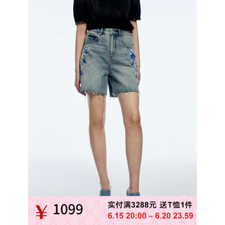 UOOYAA/乌丫2023夏季新款「美少女壮士」4.0 印花蝴蝶结牛仔短裤 白蓝 S