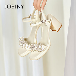 卓诗尼（Josiny）凉鞋女夏季时尚一字带凉鞋露趾搭扣粗高跟女鞋 米白色 38