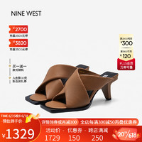 NINE WEST 玖熙 外穿拖鞋女2023夏季新款方头回旋跟高跟女鞋真皮凉鞋 棕色 37