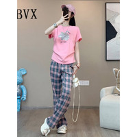 BVX休闲运动服套装女夏季新款韩版宽松减龄洋气短袖阔腿裤时尚两件套 粉色 S