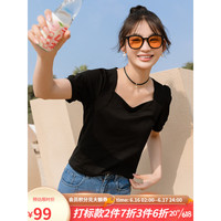 lagogo拉谷谷2023年夏季新款方领黑色泡泡袖小众设计感T恤短袖女 黑色(W1) 165/L/40
