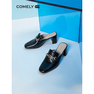 COMELY 康莉 粗高跟穆勒鞋女2023年春夏新款羊皮休闲包头拖鞋外穿高跟鞋 黑色 34