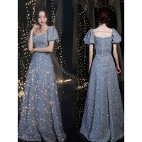 家隆名秀晚礼服裙女2023新款年会宴会气质轻奢小众高端主持人感连衣裙 蓝色 XL