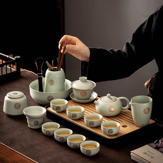 瓷牌茗茶具（cipaiming teaset）天青汝窑茶具套装家用功夫茶杯开片可养盖碗茶壶整套轻奢高档中式 青汝窑《金福》侧把壶盖碗13件套