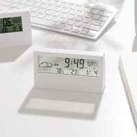 板谷山 LED闹钟天气电子钟表ins桌面时钟万年历台 透明白色