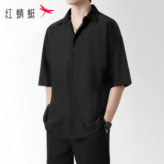 dragonfly)短袖衬衫男商务休闲舒适透气半袖免烫微弹衬衣男上衣 黑色