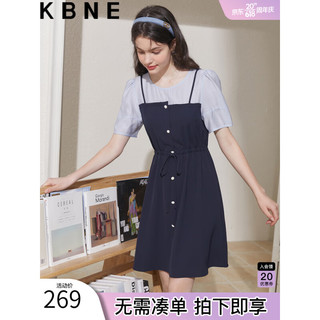 KBNE连衣裙女裙子2023夏季小众设计感港味复古收腰显瘦拼接裙 蓝色 M