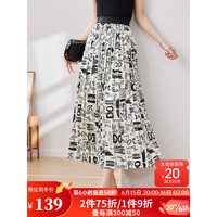 尚都比拉2023夏季新款印花半身裙中长款气质遮胯显瘦通勤百褶裙 杏底黑花 XL