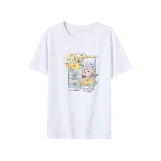 欧莎（OSA）经典舒适猫咪印花宽松短袖t恤女夏装2023新款上衣薄款 白色 XL