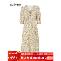 naivee纳薇23夏季新款漫夏茶歇裙印花时髦优雅浪漫系带开衩连衣裙 粉红 160/84A/M