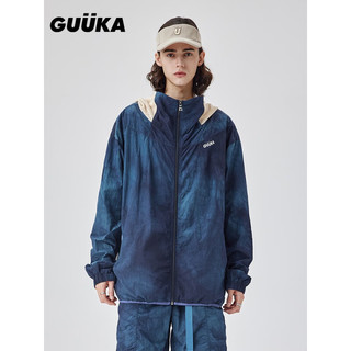 古由卡（GUUKA）时尚新潮扎染连帽外套男新款潮山系户外网布拼接透气夹克宽松上衣 深蓝 S