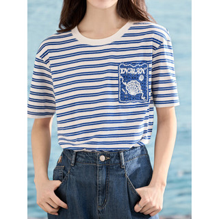 茵曼（INMAN）茵曼清新T恤2023夏女装新款圆领口袋绣花条纹上衣 蓝条 XL