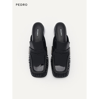 Pedro拖鞋23夏新款女鞋漆皮方头乐福穆勒鞋PW1-26740011 黑色 35