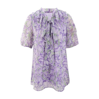 丹慕妮尔（Danmunier）丹慕妮尔紫色优雅印花雪纺衫2023夏季新款女装气质气质百搭上衣 紫色 XXL