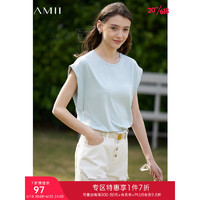 AMII2023夏新款圆领连袖黑科技冰感棉宽松T恤设计感小众女短袖上衣 浅灰绿 155/80A/S