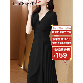 拉夏贝尔（La Chapelle）连衣裙女2023新夏季法式气质收腰显瘦中长款裙子女 黑色 XL