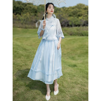 妖妮旗袍汉服成人女薄款年轻2023复古民族中国风水墨画茶服两件套1053 浅蓝色两件套 S（建议体重80-95斤)
