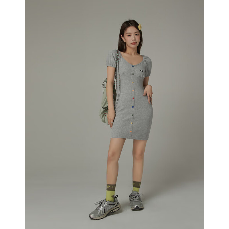 CHUU泡泡袖短袖连衣裙女士2023年夏季新款辣妹单排扣包臀短裙子潮 浅花灰 均码