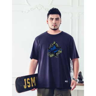 Jsmix潮牌大码男装加肥加大美式运动风夏街头涂鸦撞色印花短袖T恤 宝蓝色 S