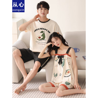 从心情侣睡衣夏季纯棉薄款可爱卡通吊带睡衣女夏天短袖短裤男士家居服