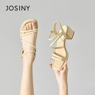 卓诗尼（Josiny）凉鞋女罗马一字带粗跟高跟夏季夏天2023新款时尚气质休闲 黄色 37标准码