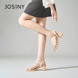 卓诗尼（Josiny）凉鞋女罗马一字带粗跟高跟夏季夏天2023新款时尚气质休闲 黄色 37标准码