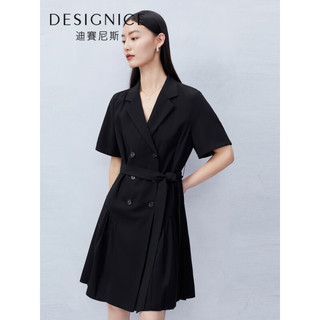 迪赛尼斯（DESIGNICE）商场同款小黑裙2023年夏季新款简约翻领短袖西装连衣裙女 黑色 S
