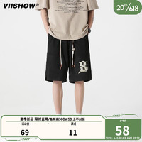 viishow2023重磅短裤男士夏季新款麂皮绒宽松透气美式潮牌休闲五分中裤 黑色 S