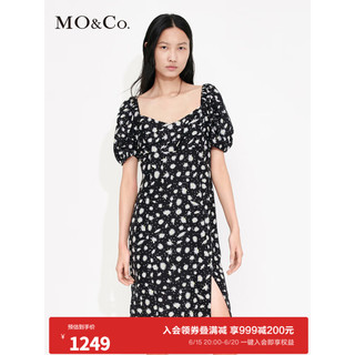 MO&Co.2023夏季新品小雏菊碎花大方领泡泡袖开叉连衣裙MBC2DRST14 黑底白花色 XS/155