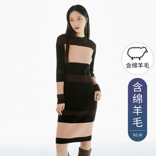 含绵羊毛拼接色女士时尚潮流通勤气质针织连衣裙 XL 黑色BLACK