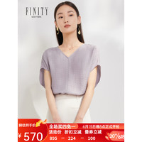 菲妮迪雪纺衫2023年夏季新款100%桑蚕丝高端品牌V领短袖上衣 紫色 S