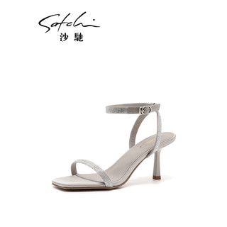 沙驰（SATCHI）沙驰女鞋2023年夏季新款闪耀水钻清爽气质女凉鞋一字带性感时装鞋 银色（13B33002110） 34