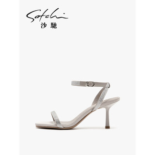 沙驰（SATCHI）沙驰女鞋2023年夏季新款闪耀水钻清爽气质女凉鞋一字带性感时装鞋 银色（13B33002110） 34