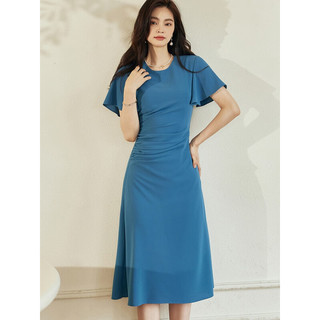 ROEYSHOUSE罗衣气质荷叶袖收腰连衣裙2023夏装新款优雅设计感褶皱A字裙08673 蓝色 M