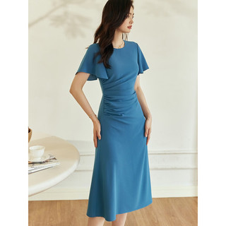 ROEYSHOUSE罗衣气质荷叶袖收腰连衣裙2023夏装新款优雅设计感褶皱A字裙08673 蓝色 M