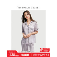 VICTORIA'S SECRET 凉感水光绸舒适丝滑短袖长裤睡衣套装可外穿夏季休闲家居服女 浅紫色（印花条纹