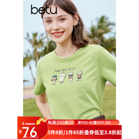 百图betu女装2023夏季新款T恤文艺趣味图案印花短袖圆领T恤女2306T08 绿色 XS