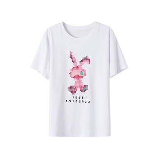 欧莎（OSA）十字绣兔子印花短袖T恤女夏季2023新款薄款正肩上衣 白色 XS