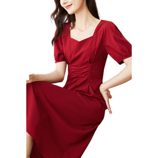 梵希蔓方领泡泡袖连衣裙女夏季法式复古收腰显瘦红色a字中长裙子 71709 红色 L