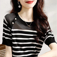 恒源祥短袖T恤女2023夏季新款薄款条纹针织衫女韩版显瘦减龄上衣Y1688 黑色 M