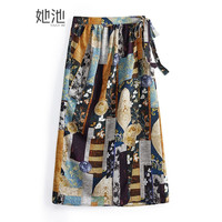 她池撞色半身裙2023夏装新款女装时尚大气设计感中长款复古印花裙 花色 S