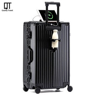QT德国行李箱拉杆箱大容量旅行箱20小型密码箱24飞机航空登机皮箱子 至尊铝框-黑色-杯架+USB接口 20寸-短途出行登机箱
