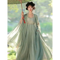 法玛莎品牌唐制汉服女2023诃子裙古装国风广袖流仙裙仙飘逸改良连衣裙 大袖衫+长衫里衣+诃子裙-绿色 S