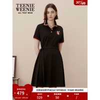 Teenie Weenie小熊长款腰带POLO裙A字裙修身撞色条纹学院风女 黑色 155/XS