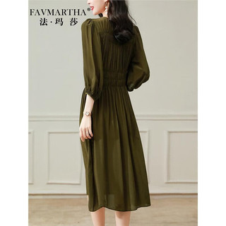 法玛莎品牌天丝连衣裙女夏季圆领灯笼袖设计感减龄显瘦气质中长款裙女 咸菜绿 L